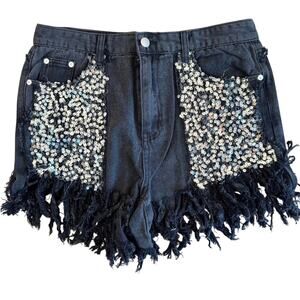 POL Black Sequin Fringe Denim Shorts NWOT Boho Festival Western Glam Large